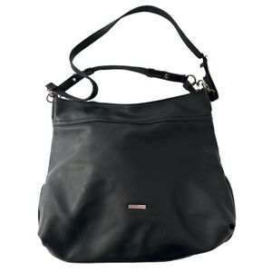 David Jones Paris Black Leather Handbag Crossbody Purse Silver Metal Accents